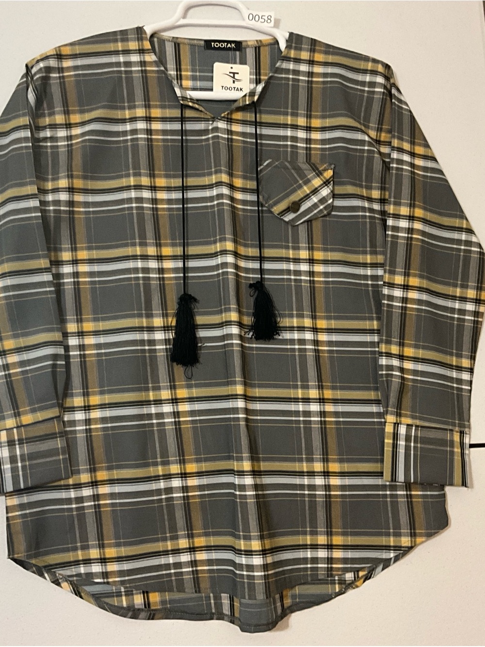 TOOTAK Plaid Boho Tunic Top Tassel Neck Gray Mustard Minimalist